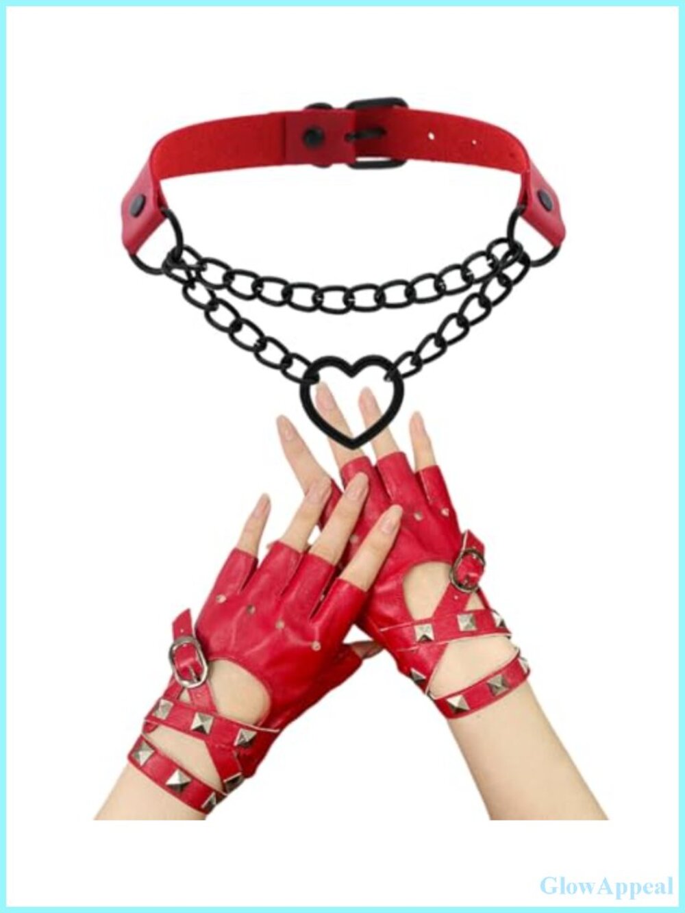 Punk Goth Set 2pc Fingerless Leather Gloves & Heart Choker Cosplay